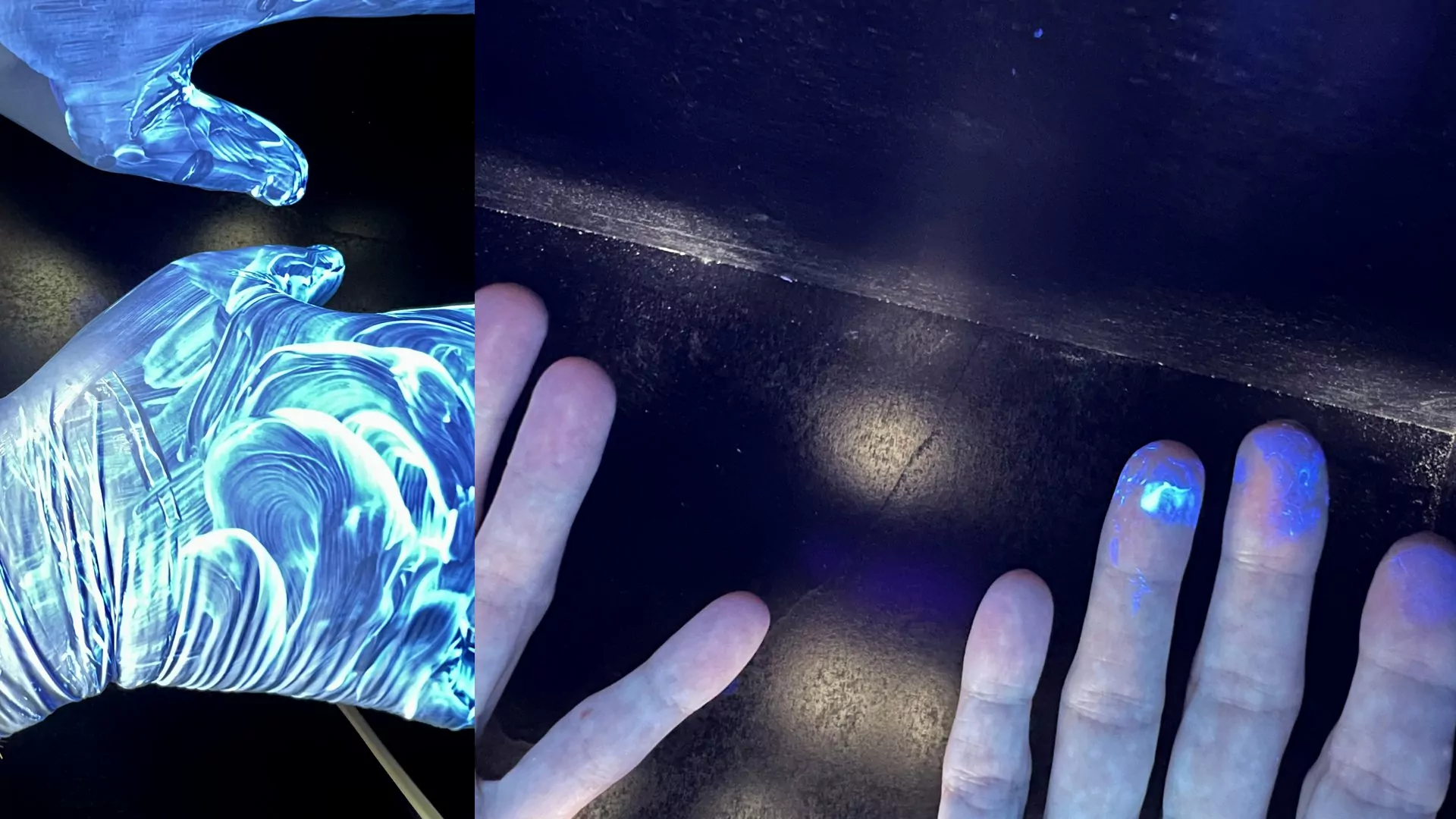 Die Schwarzlichtleuchte zeigt: Links sind die eingecremten Handschuh-Hände zu sehen, rechts, was durch die Handschuhe ging.