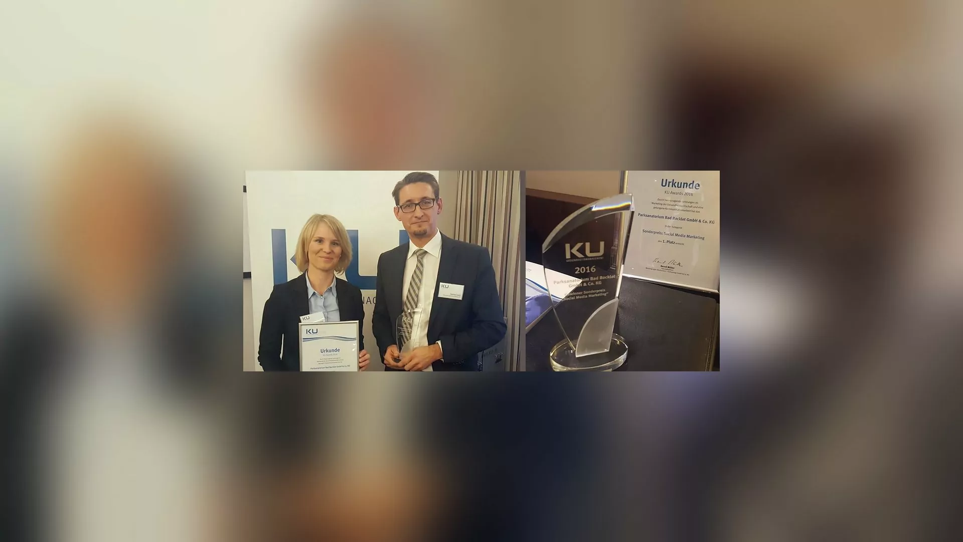 Frau Schmidt (Leiterin Belegungsabteilung) und Herr Lutsch (Verwaltungsleiter) bei der Annahme des gewonnenen KU Award 2016.