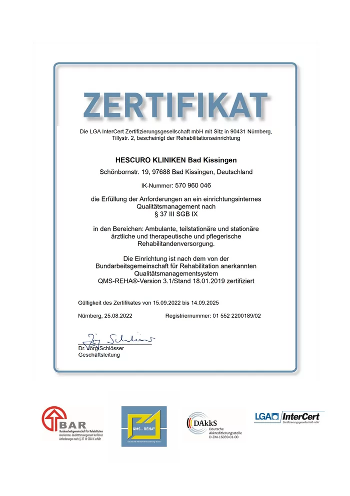  Die HESCURO Klinik Bad Kissingen ist BAR zertifiziert.