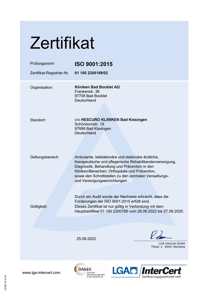 Die HESCURO Klinik Bad Kissingen ist nach DIN ISO 9100 und QMS Reha zertifiziert.
