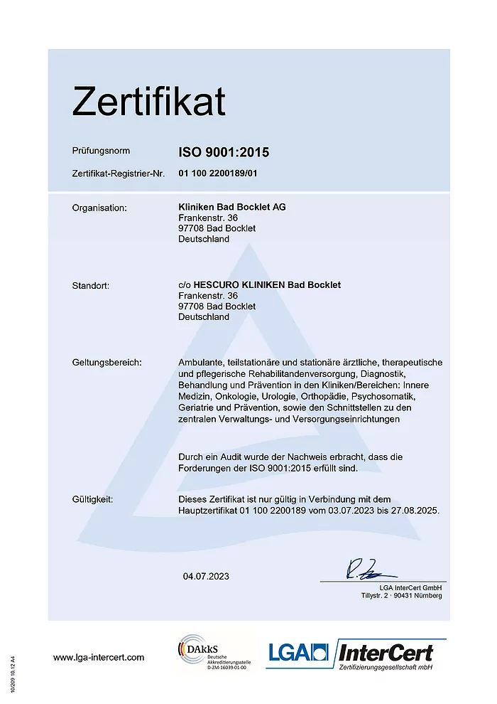 Das Rehazentrum Bad Bocklet ist nach DIN ISO 9100 und QMS Reha zertifiziert.